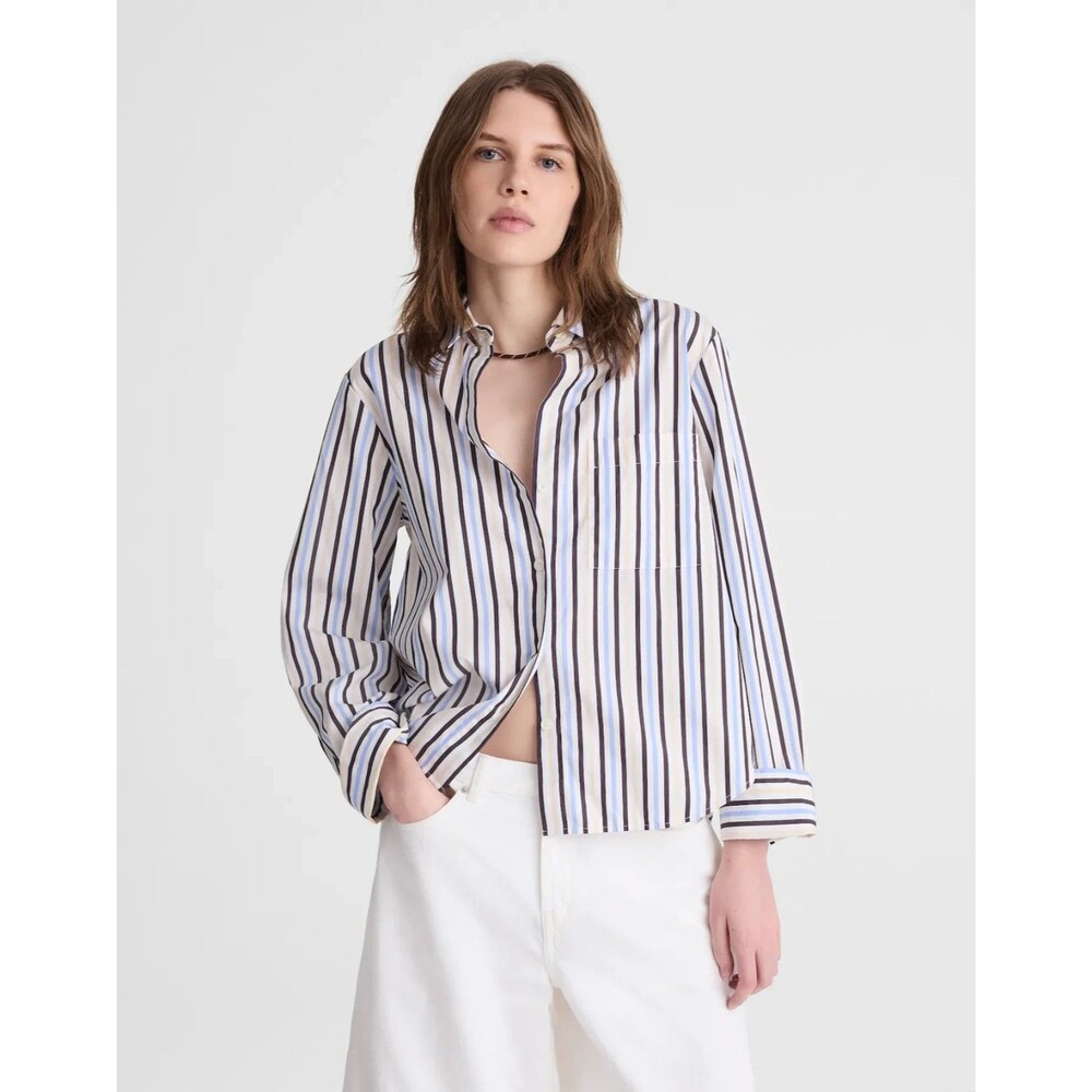 MADEWELL The Signature Y-Neck Shirt In Poplin M Boardwalk Stripe Cotton NWT B30